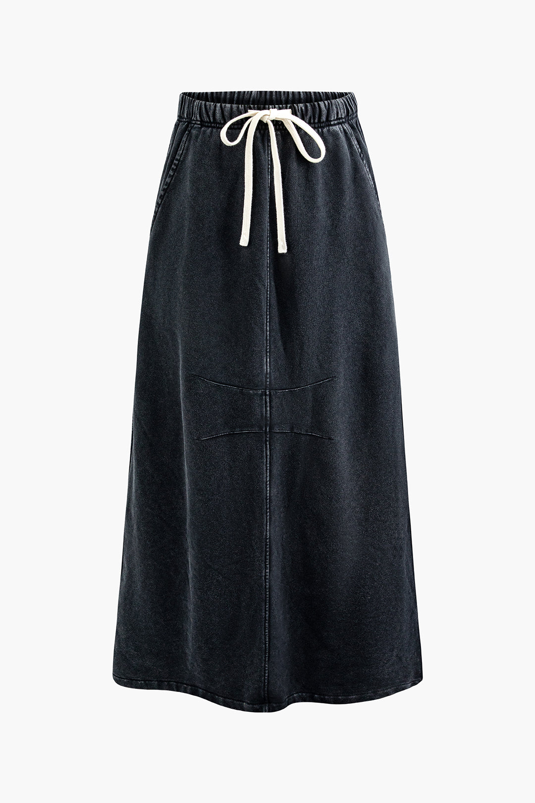 Drawstring Waist Pocket Split Denim Maxi Skirt