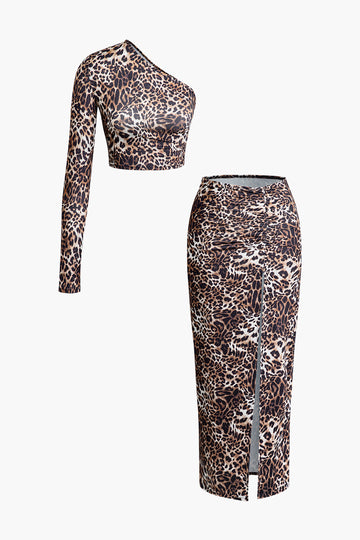 Leopard Print One Shoulder Crop Top And Ruched Slit Skirt Set