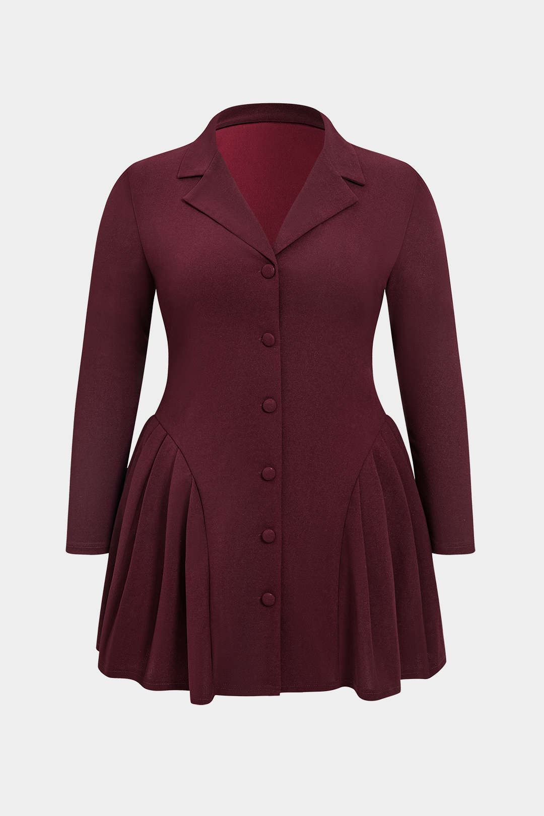 Plus Size Button Pleated V-Neck Long Sleeve Mini Dress