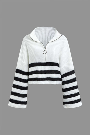 Oversized Stripe Zipper Stand-Up Collar Sweater