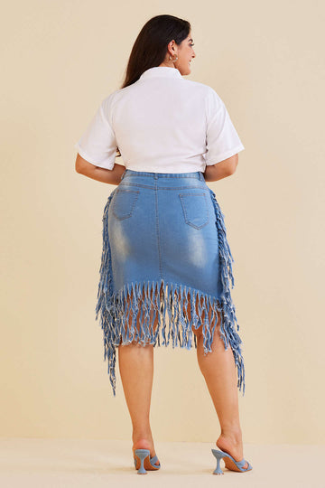 Plus Size Denim Fringe Skirt