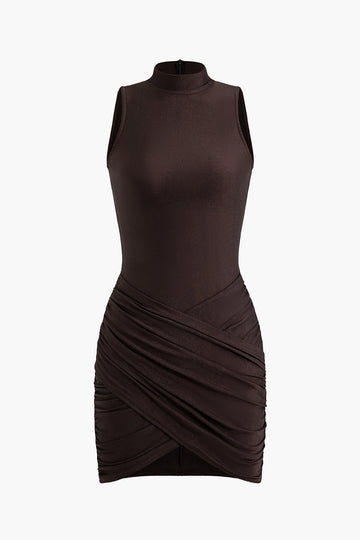 Stand-up Collar Sleeveless Ruched Wrap Mini Dress