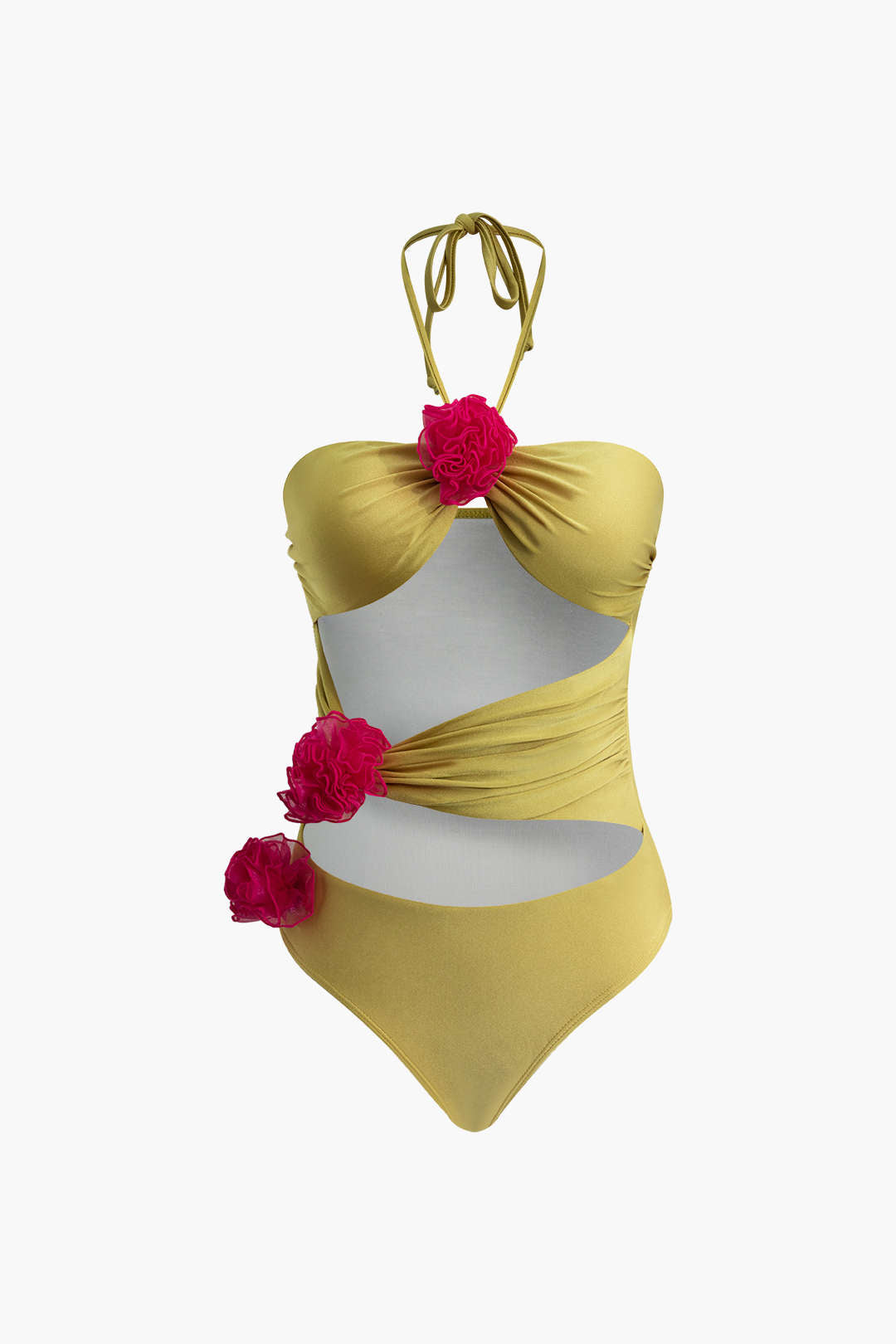 3D Flower Halter Ruched Cut Out One-Piece Swimsuit