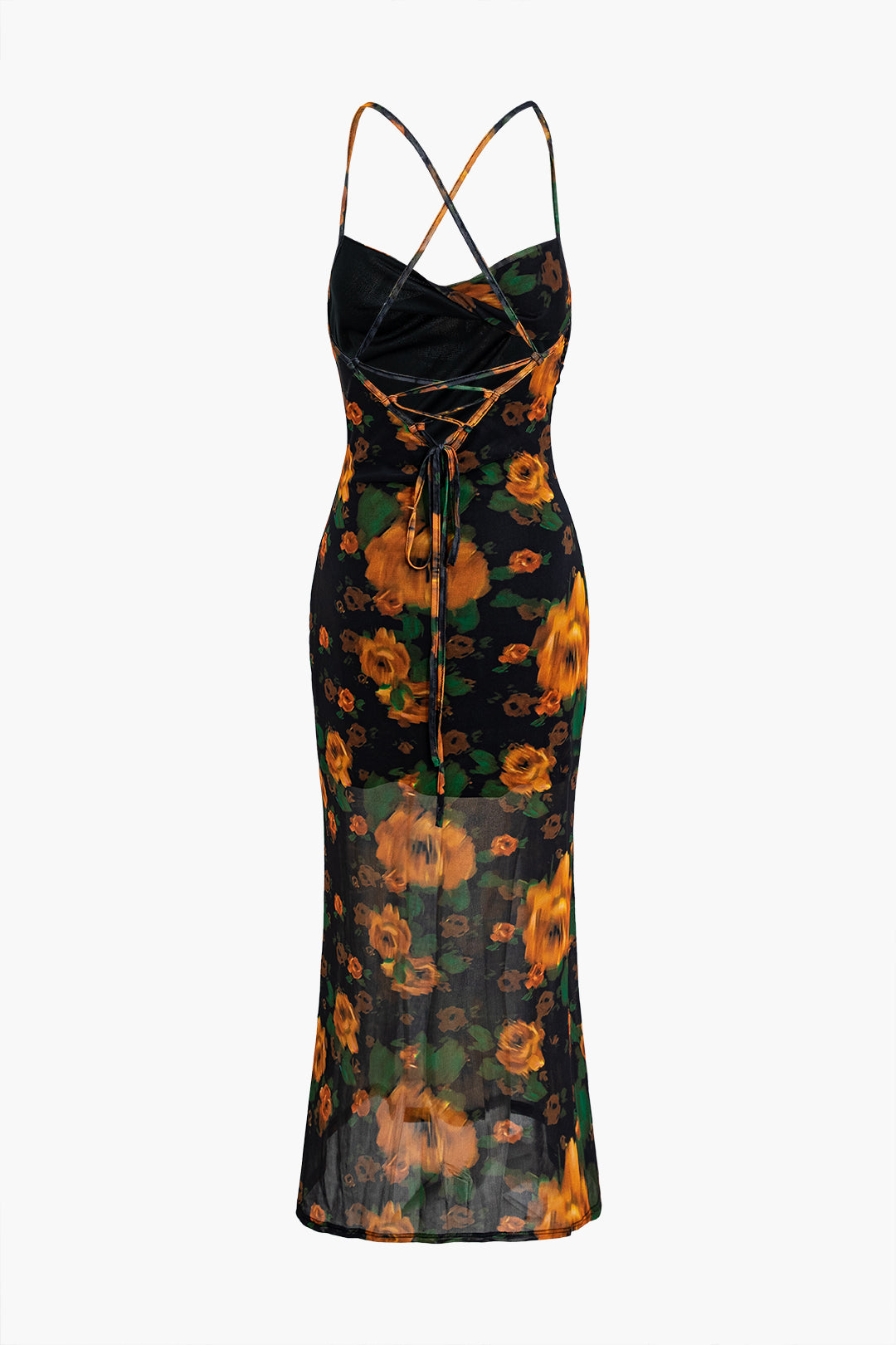 Criss Cross Sunflower Print Sheer Overlay Midi Dress