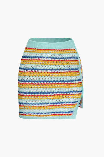 Stripe Open Knit Crop Top And Slit Mini Skirt Set