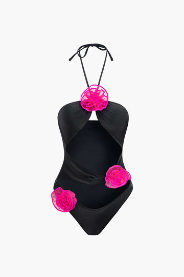 3D Flower Cut Out Halter One-Piece Swimsuit