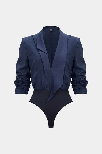 Notched Lapel Asymmetrical Long Sleeve Bodysuit