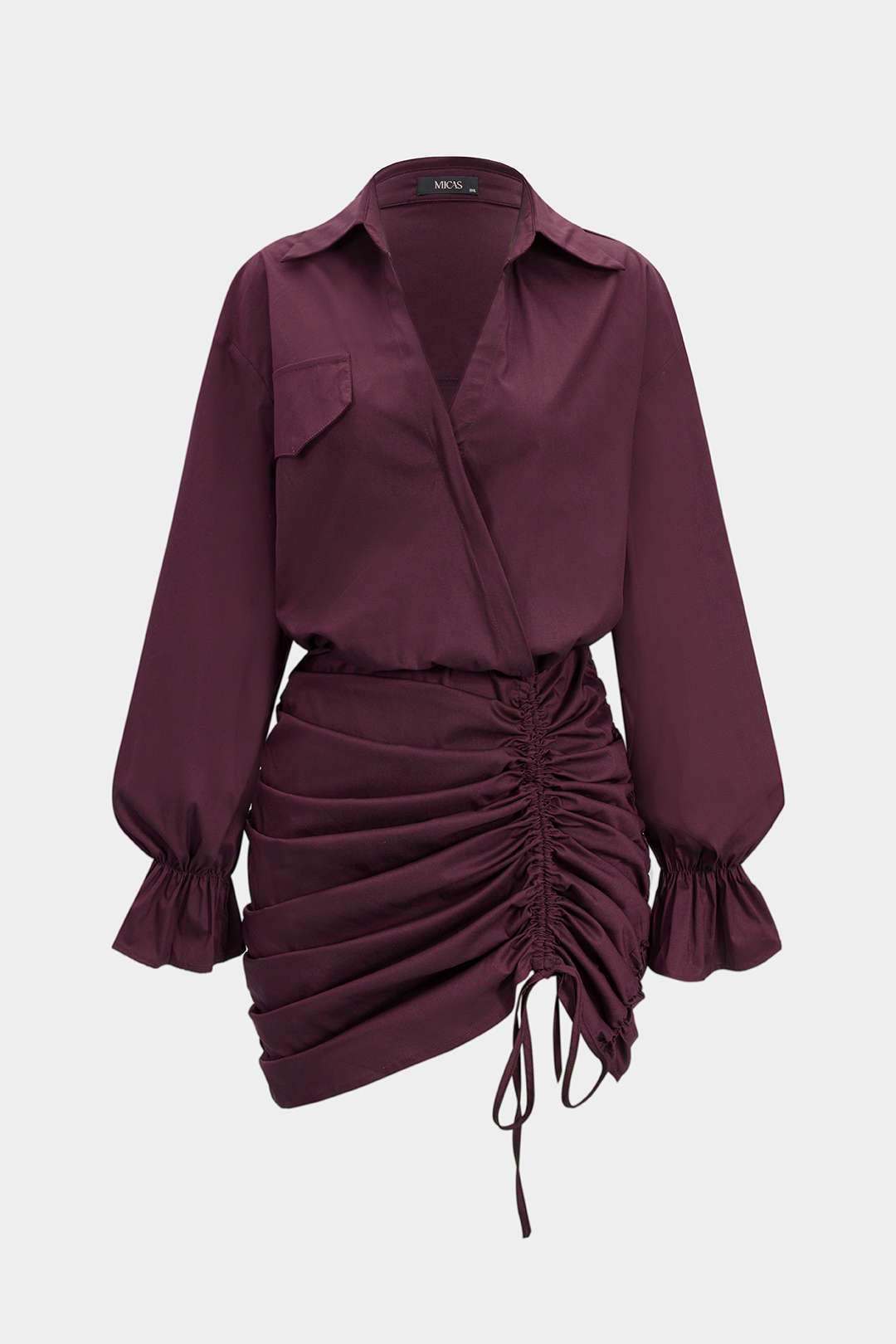 Ruched V-Neck Drawstring Ruffle Long Sleeve Mini Dress