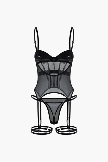 Mesh Detail Corset Lingerie And Thong Two-Pieces Set