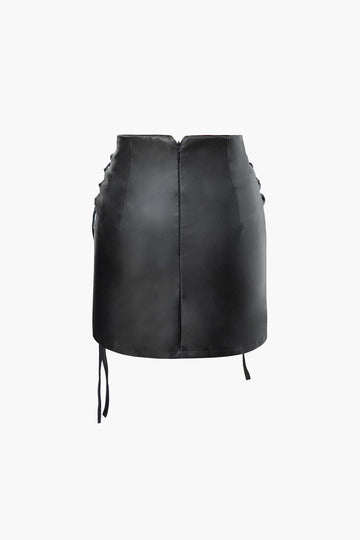 Faux Leather Tie Front Split Mini Skirt