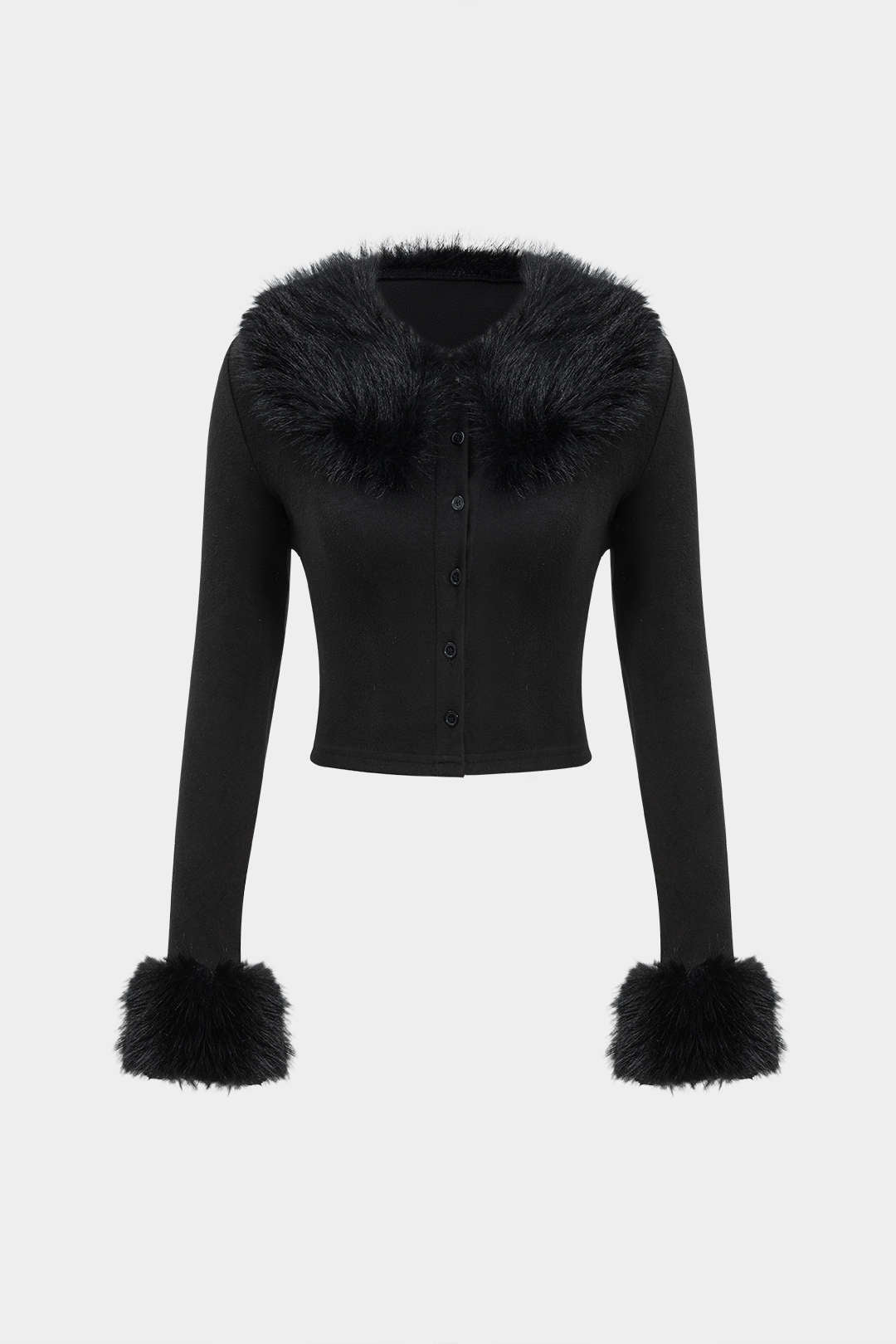 Faux Fur Collar Button Long-Sleeve Top