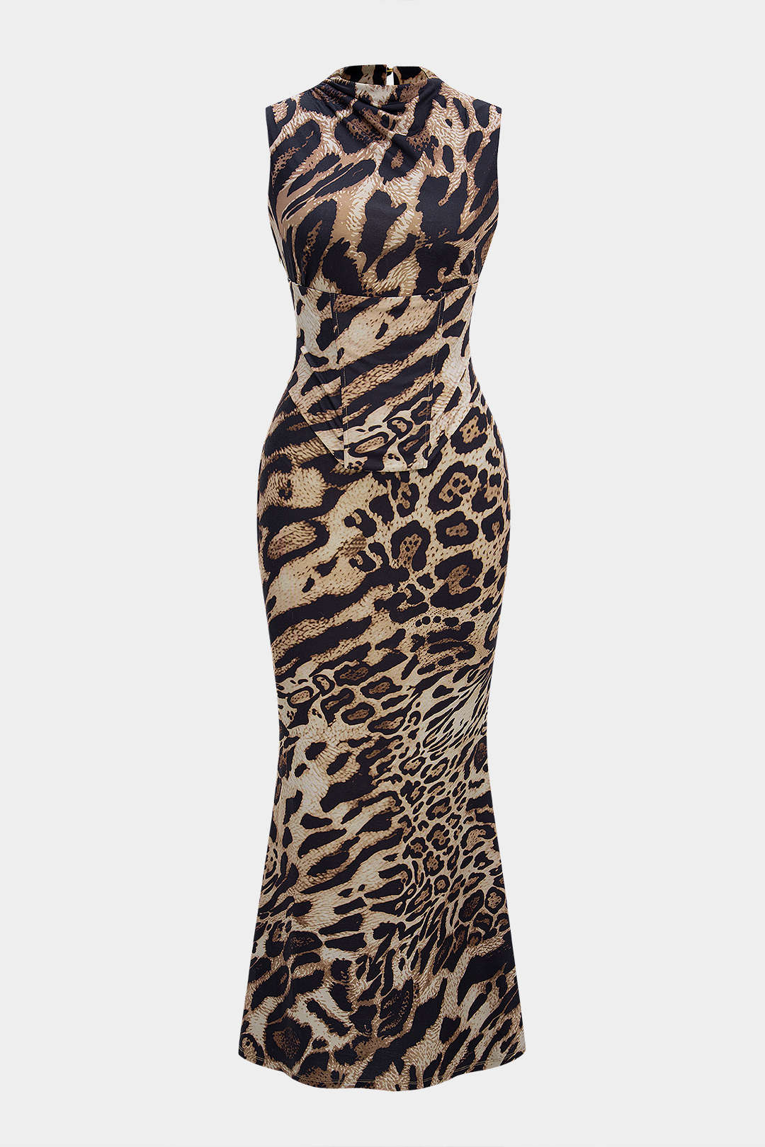 Leopard Print Mock Neck Tie Back Corset Sleeveless Maxi Dress