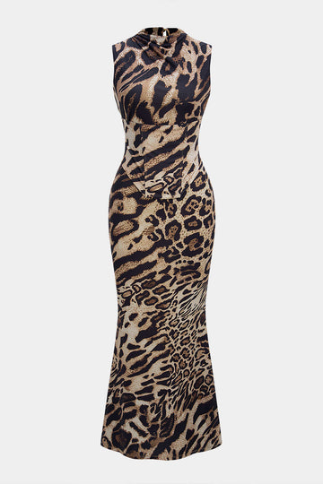 Leopard Print Mock Neck Tie Back Corset Sleeveless Maxi Dress