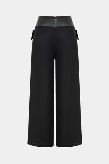 Solid Faux Leather Patchwork High Waist Crossed Pocket Trousers