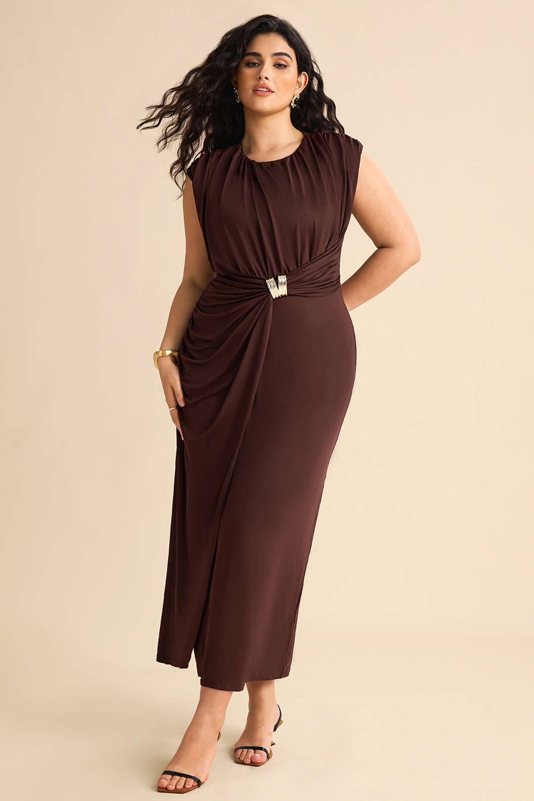 Plus Size Metallic Decor Ruched Sleeveless Midi Dress