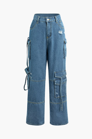 Destroyed Flap Pocket Straight Leg Cargo Jeans