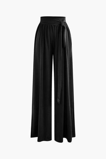 Solid Long Sleeve Top And Tie Waist Pleated Pants Set