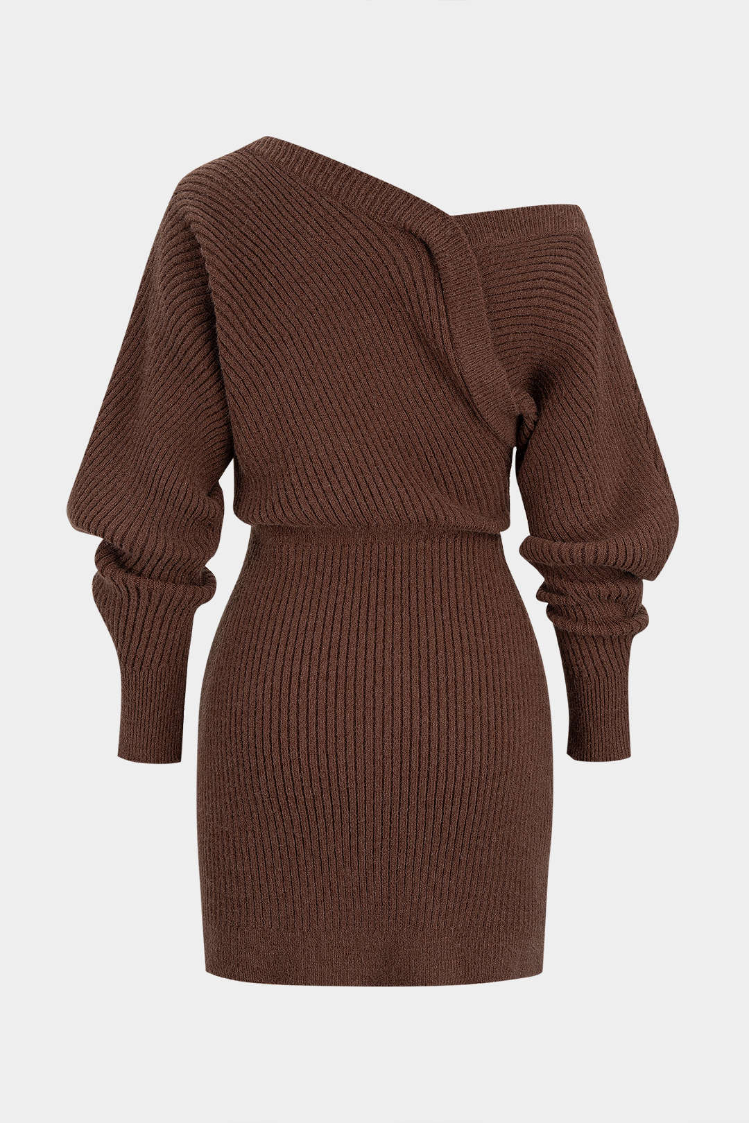 Knit Asymmetrical Neck Ribbed Long Sleeve Dress