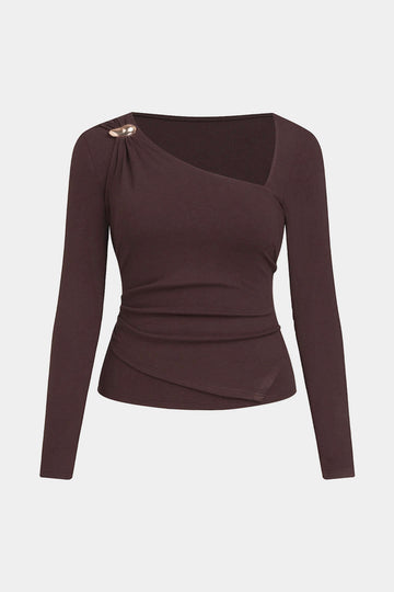 Plus Size Asymmetrical Neck Long-Sleeve Top