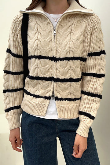 Contrast Stripe Zipper Collar Cable Knit Sweater