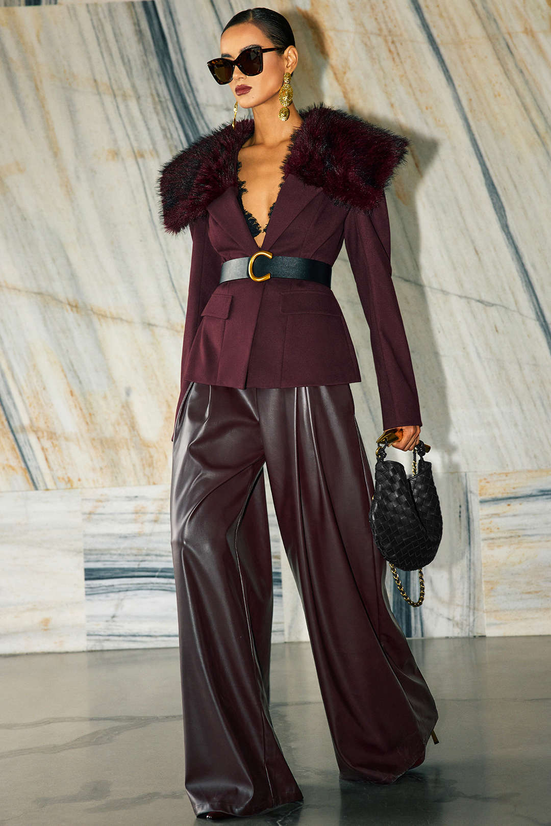 Faux Leather Ruched Wide Leg Pants