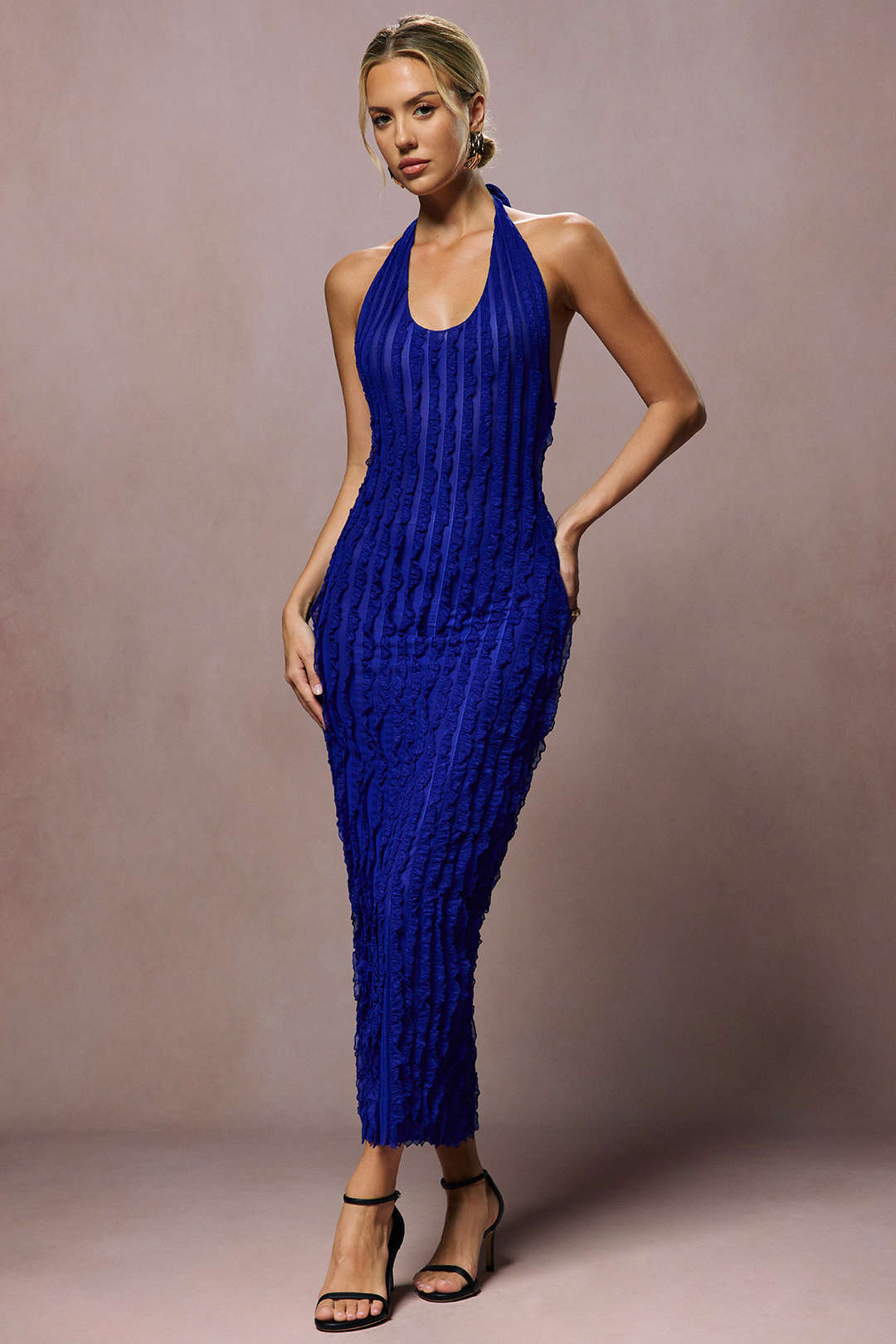 Sheer Ruffle Texture Halter Backless Maxi Dress