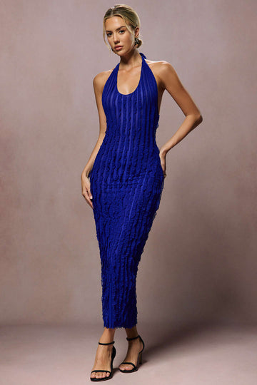 Sheer Ruffle Texture Halter Backless Maxi Dress