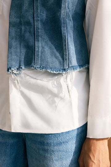 Denim Patchwork Frayed Asymmetrical Pocket Long-Sleeve Shirt