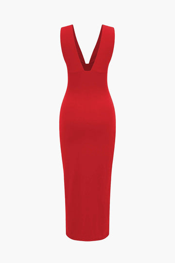 Solidu Backless Ruched Slit Midi Dress