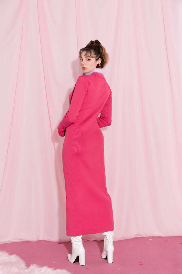 Muschelhülle gerippte Knöpfe unten Maxikleid