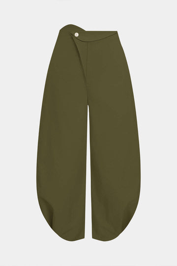 Linen Button Asymmetrical Ruched Barrel Trousers