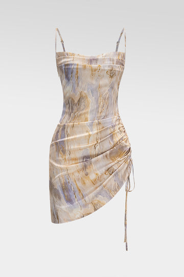 Marble Print Satin Ruched Drawstring Asymmetrical Sleeveless Mini Dres Micas Marble Print Satin Ruched Drawstring Asymmetrical Sleeveless Mini Dres Micas