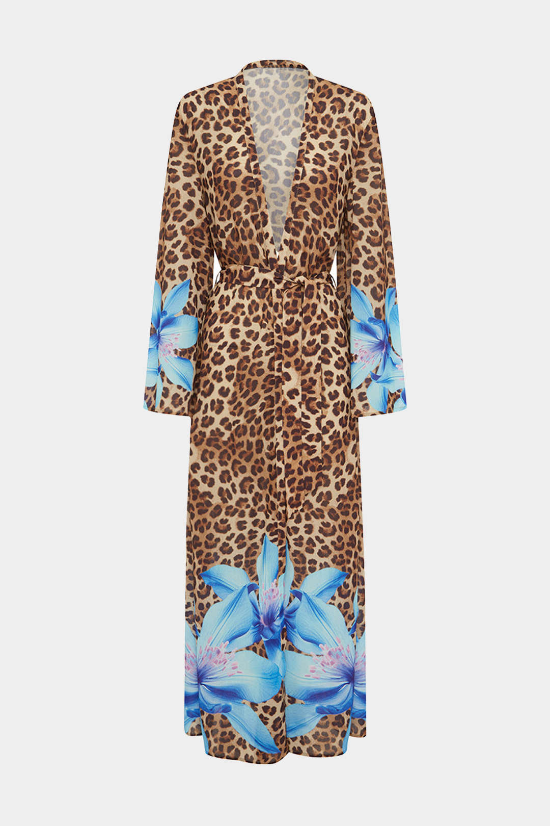 Leopard Floral Print Tie Front V-Neck Long Sleeve Dress Cover Up