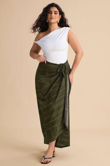 Plus Size Geometric Print Knotted High Waist Skirt