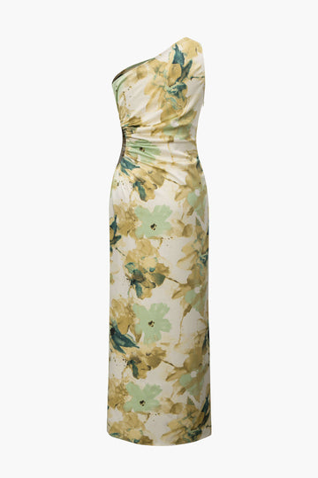 Floral Print One Shoulder Cut Out Slit Maxi Dress