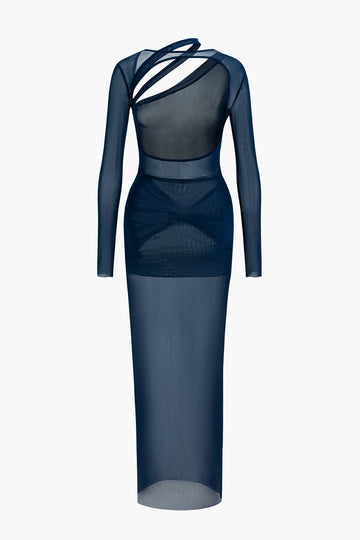Asymmetric Sheer Mesh Slit Long Sleeve Maxi Dress