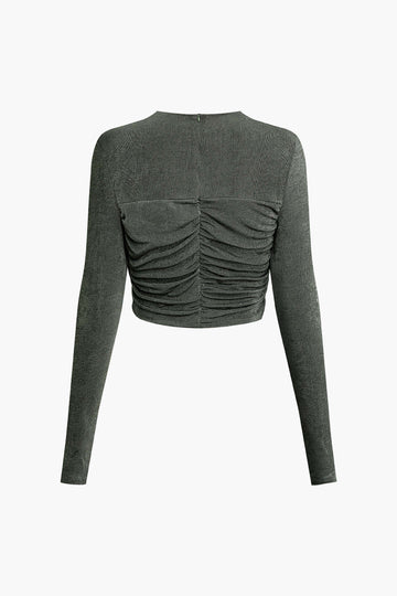 Asymmetric Ruched Padded-Shoulder Long Sleeve Top