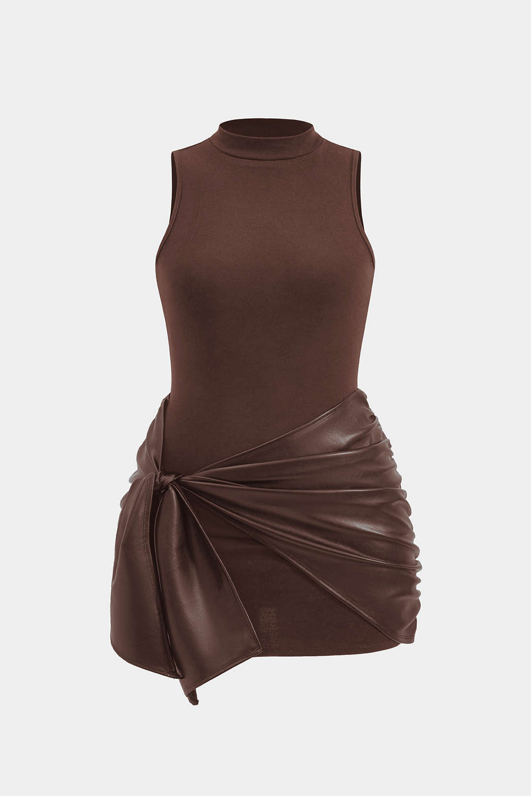 Plus Size Faux Leather Patchwork Tie Front Sleeveless Mini Dress