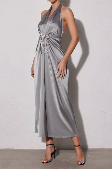 Satin Backless Halter V-neck Ruched Maxi Dress With Tie