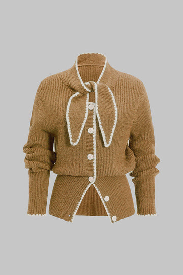 Knit Contrast Button Tie-Up Cardigan