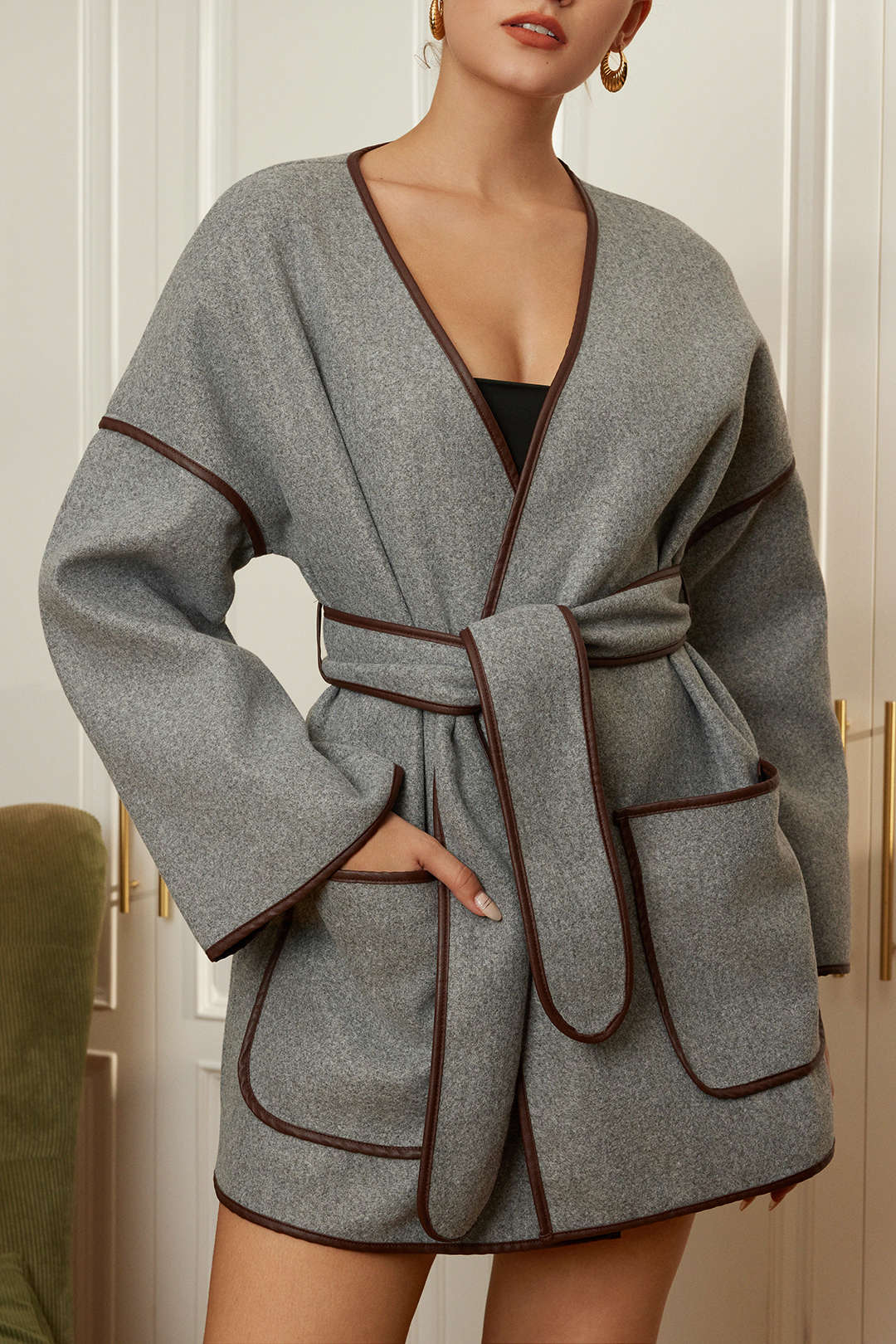 Contrast Binding Belted Coat