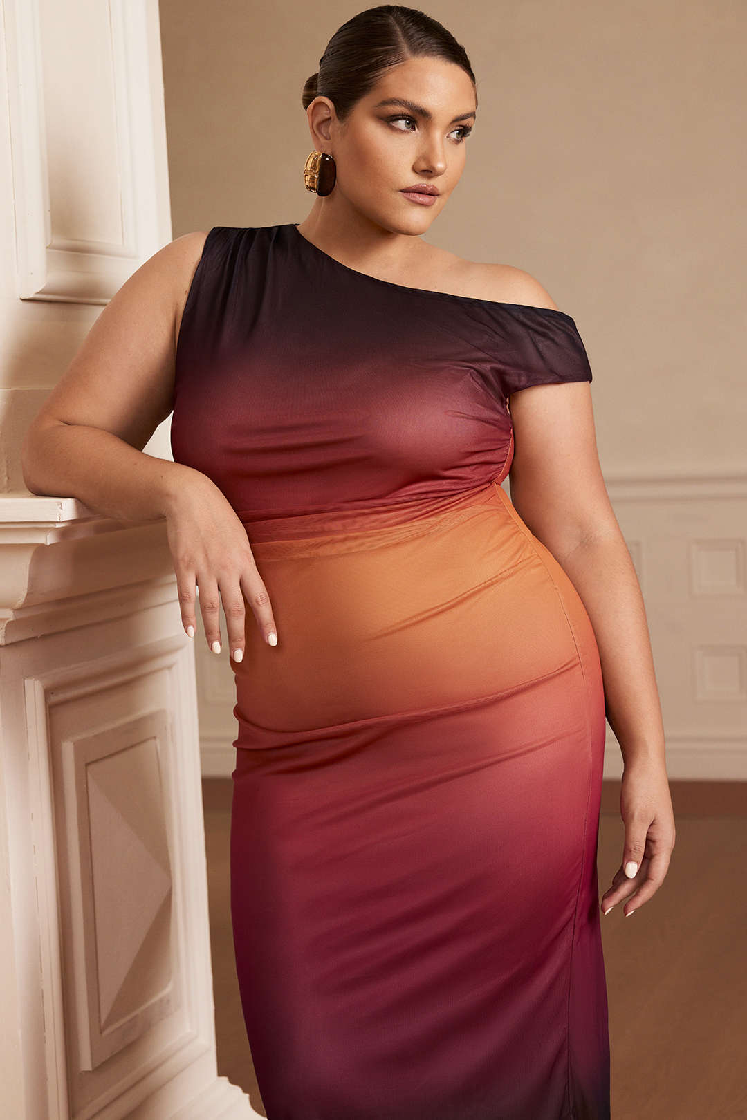 Plus Size Ombre Print Mesh Asymmetrical Sleeveless Maxi Dress