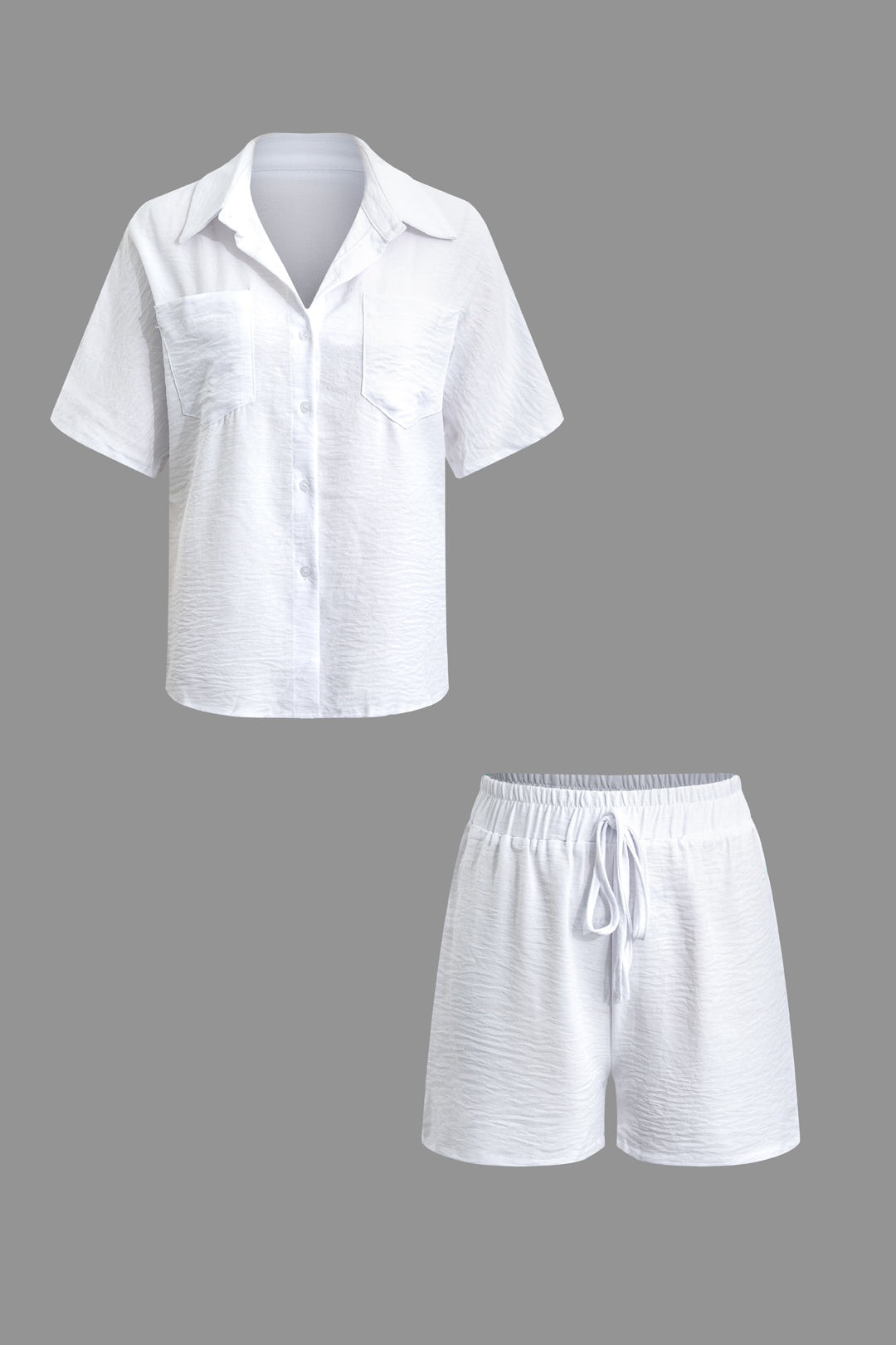 Basic Solid Short Sleeve Blouse And Drawstring Shorts Set