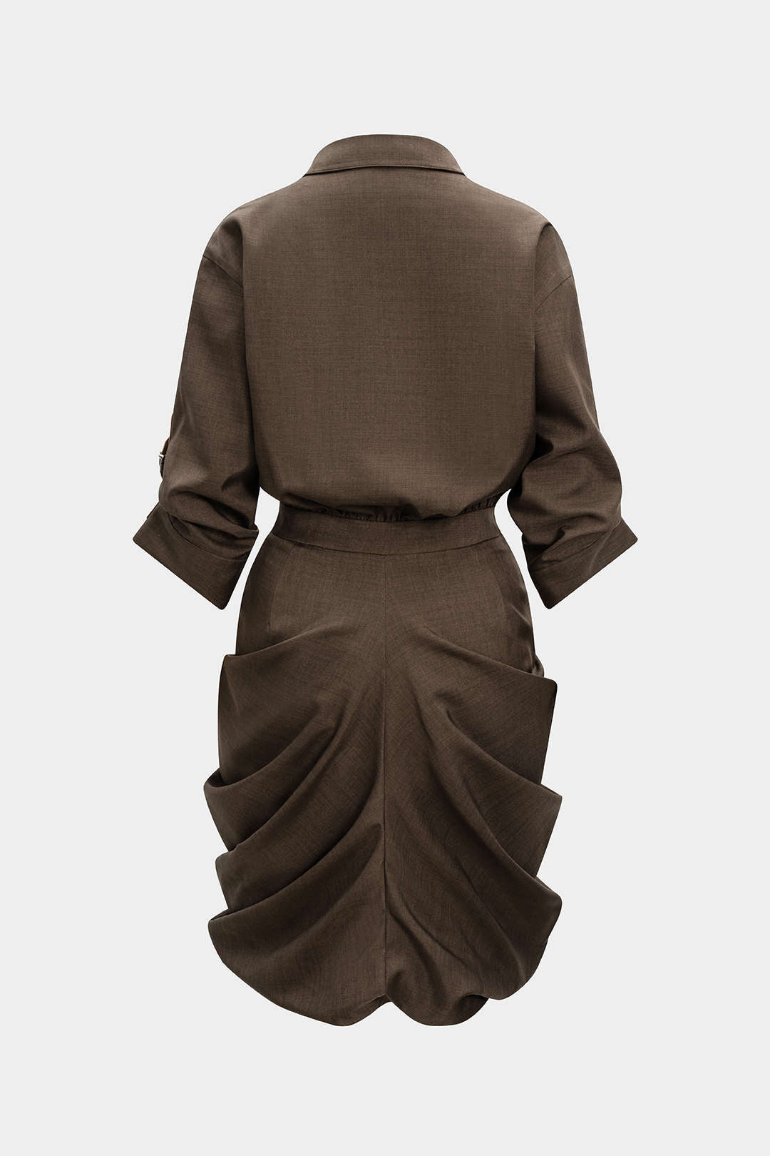 Ruched Button V-Neck Long Sleeve Midi Dress