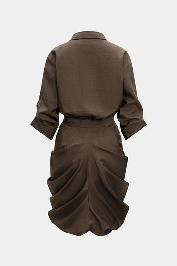 Ruched Button V-Neck Long Sleeve Midi Dress