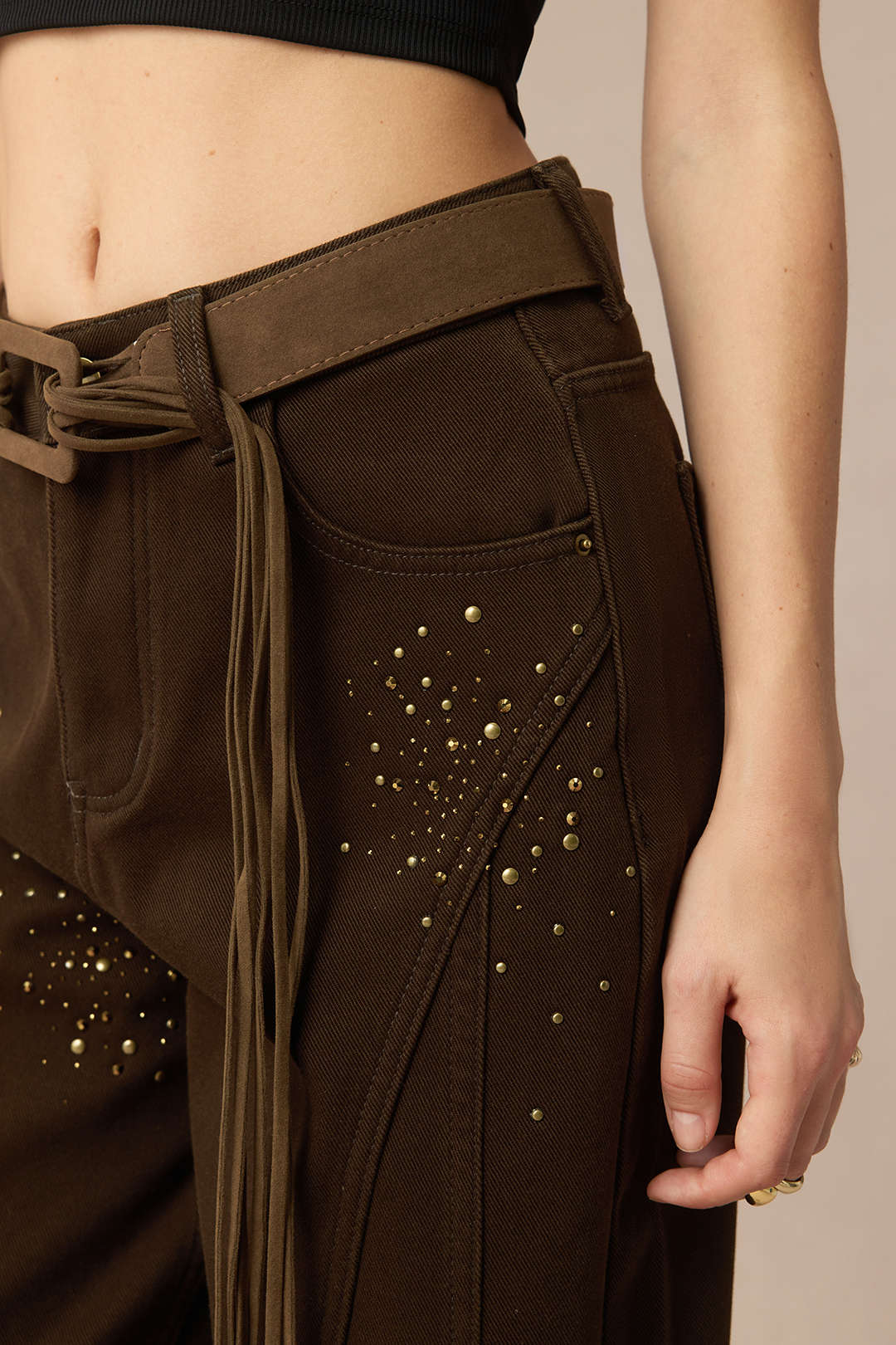 Denim Rhinestone Cecor Blted Wide Leg Jeans