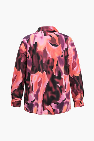 Plus size overhemd met lange mouwen en abstracte print met ruches