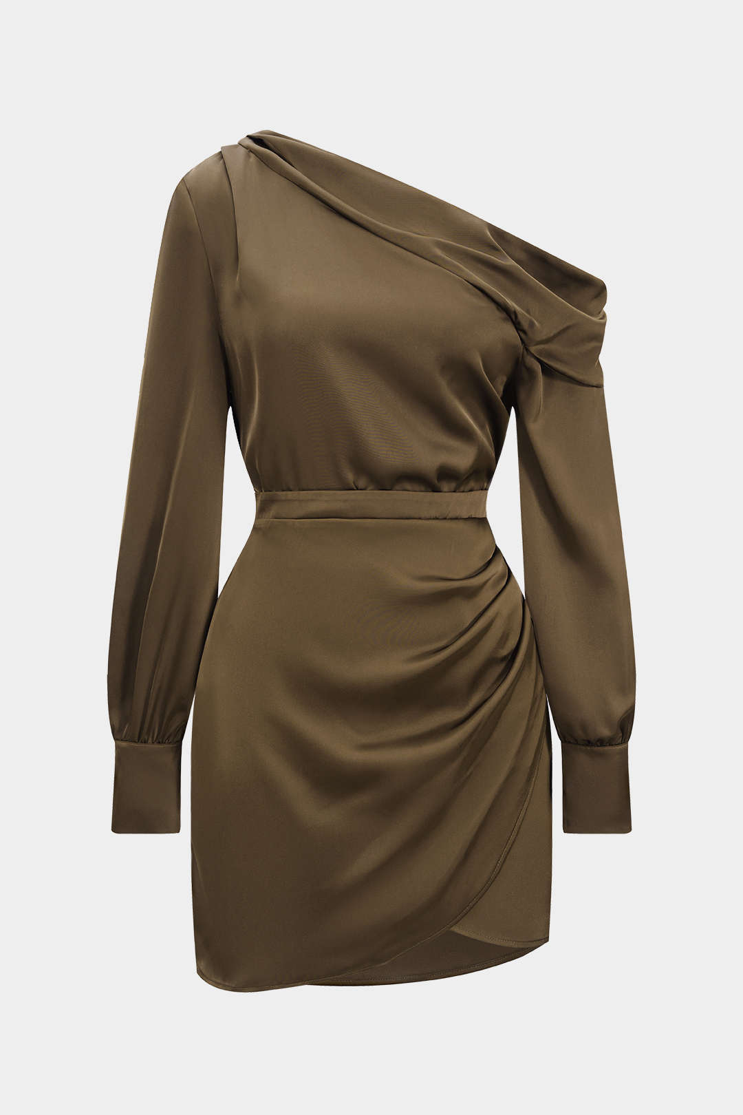 Satin Asymmetrical Neck Long Sleeve Mini Dress – Micas