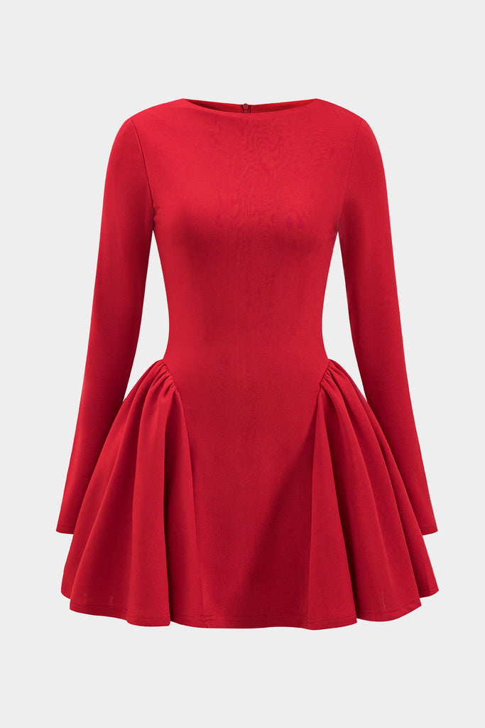 Puff Hem Zipper Long Sleeve Mini Dress - decent-life