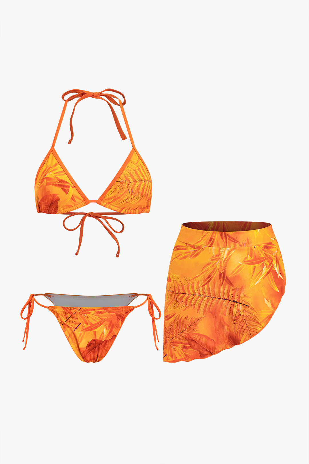 Leaf Print Halterneck 3-Piece Bikini Set